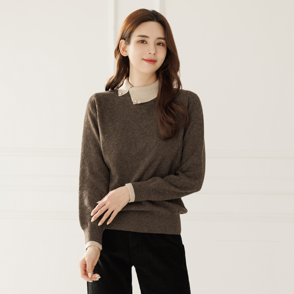 예시카 배색 카라 진주 버튼 니트 풀오버 YGBKP275