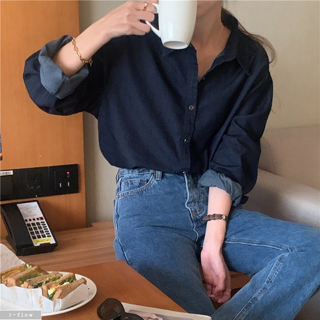 오드 데님 카라 루즈핏 셔츠 3col 가을 봄 오버핏 레이어드 코튼 데일리 제이플로우 - 상세 이미지 4