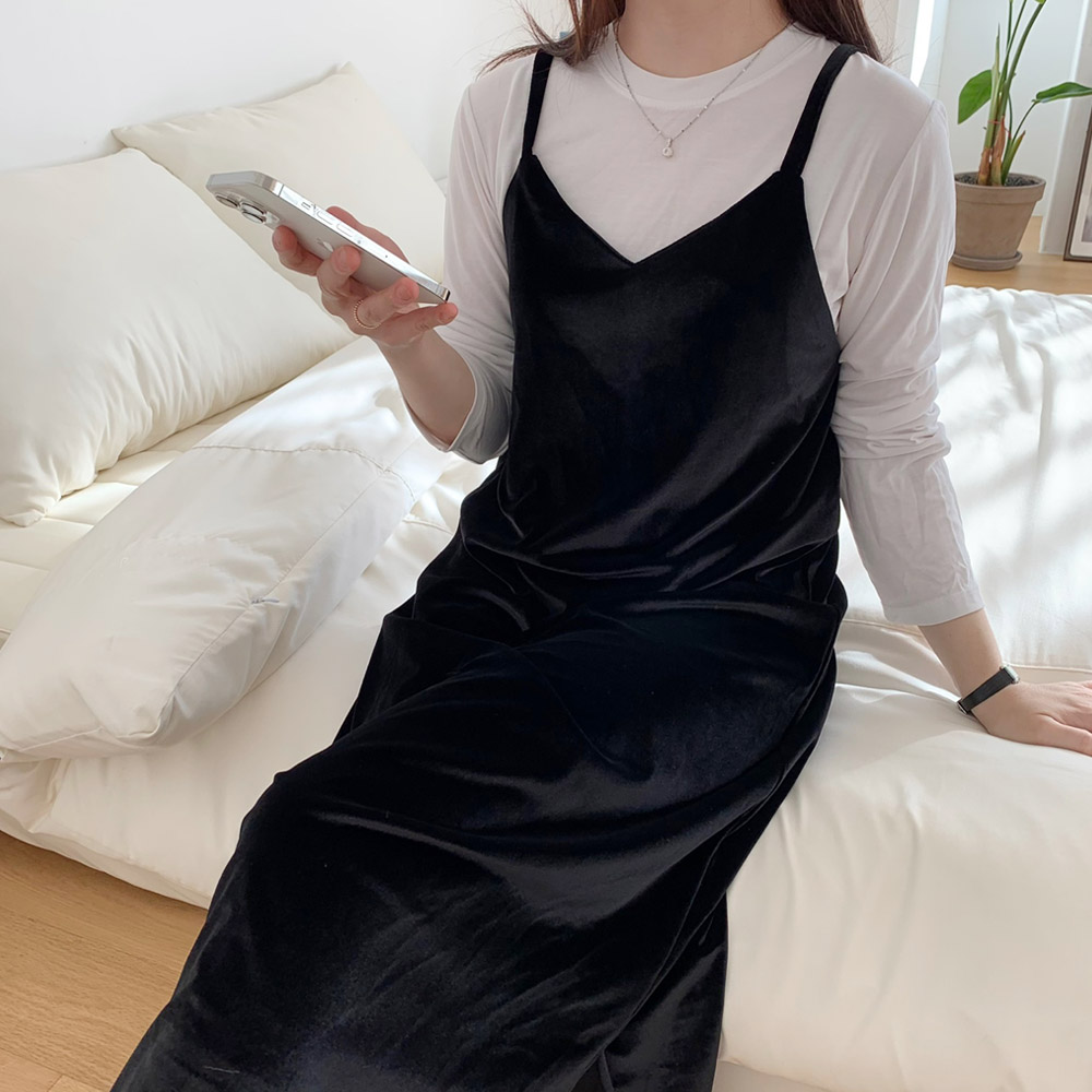 벨벳 원피스 겨울 레이어드 뷔스티에 롱원피스 파티룩 연말 블랙 레드