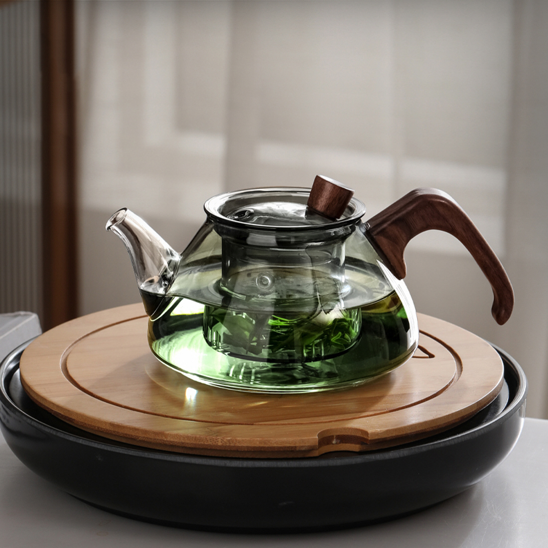더큰솔 빈티지 우드 편수 직화 내열 유리티팟 홍차 꽃차 차우리기 거름망 다관 미니 주전자 - 상세 이미지 2