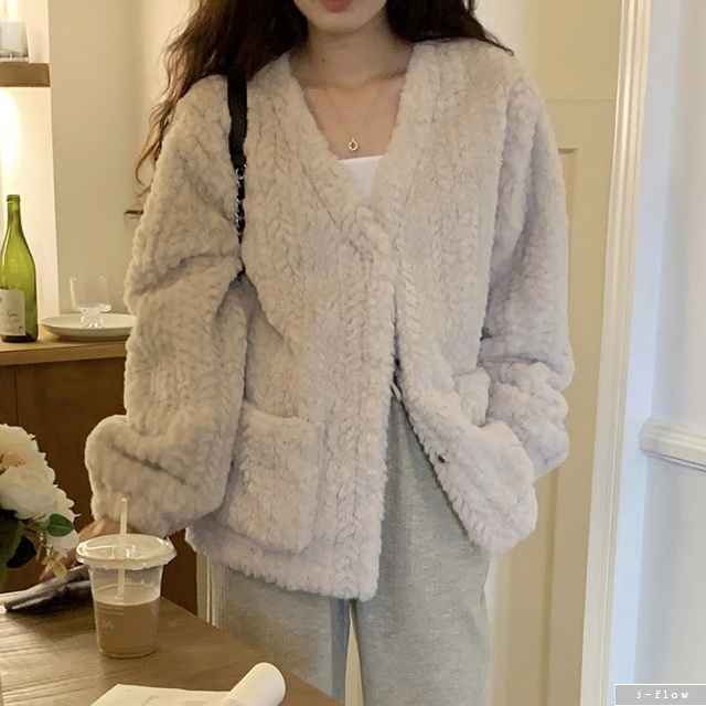 하이드 부클 오버핏 벌룬 퍼자켓 1col 겨울 루즈핏 가디건 노카라 도톰 따뜻 제이플로우 - 상품 이미지