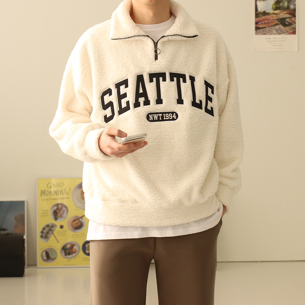 남자 맨투맨 오버핏 레터링 커플 뽀글이 양털 반집업 아노락 맨투맨