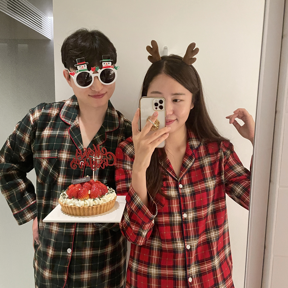 고급 수면 크리스마스 잠옷 파마자 체크 커플 잠옷 세트 파자마 파티 신혼부부 여성 홈웨어 이미지 3