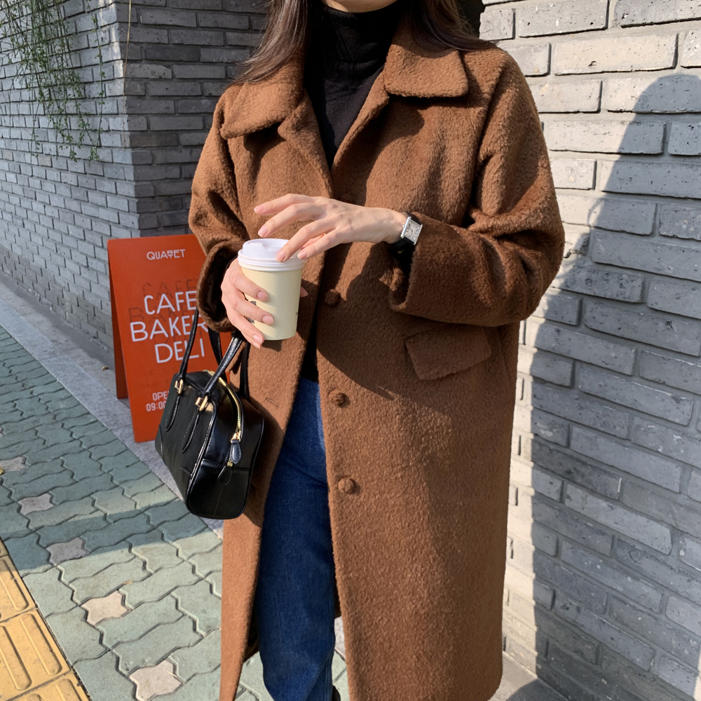 오버핏 싱글 부클 테디베어 울코트 여자 롱코트 시어링 여성 겨울코트 무스탕 브라운 블랙 - 상세 이미지 3