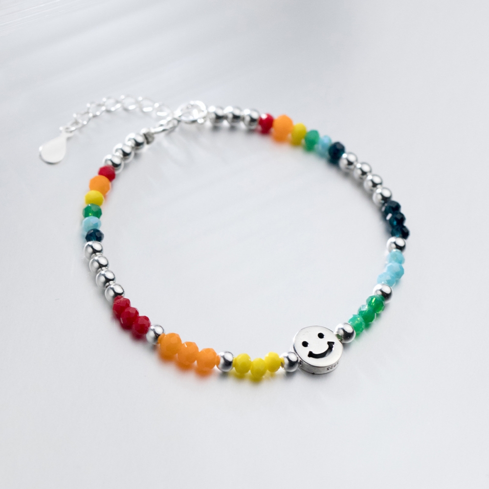 실버 925 레인보우 컬러 비즈 스마일 참 은볼 체인 은팔찌 W068
