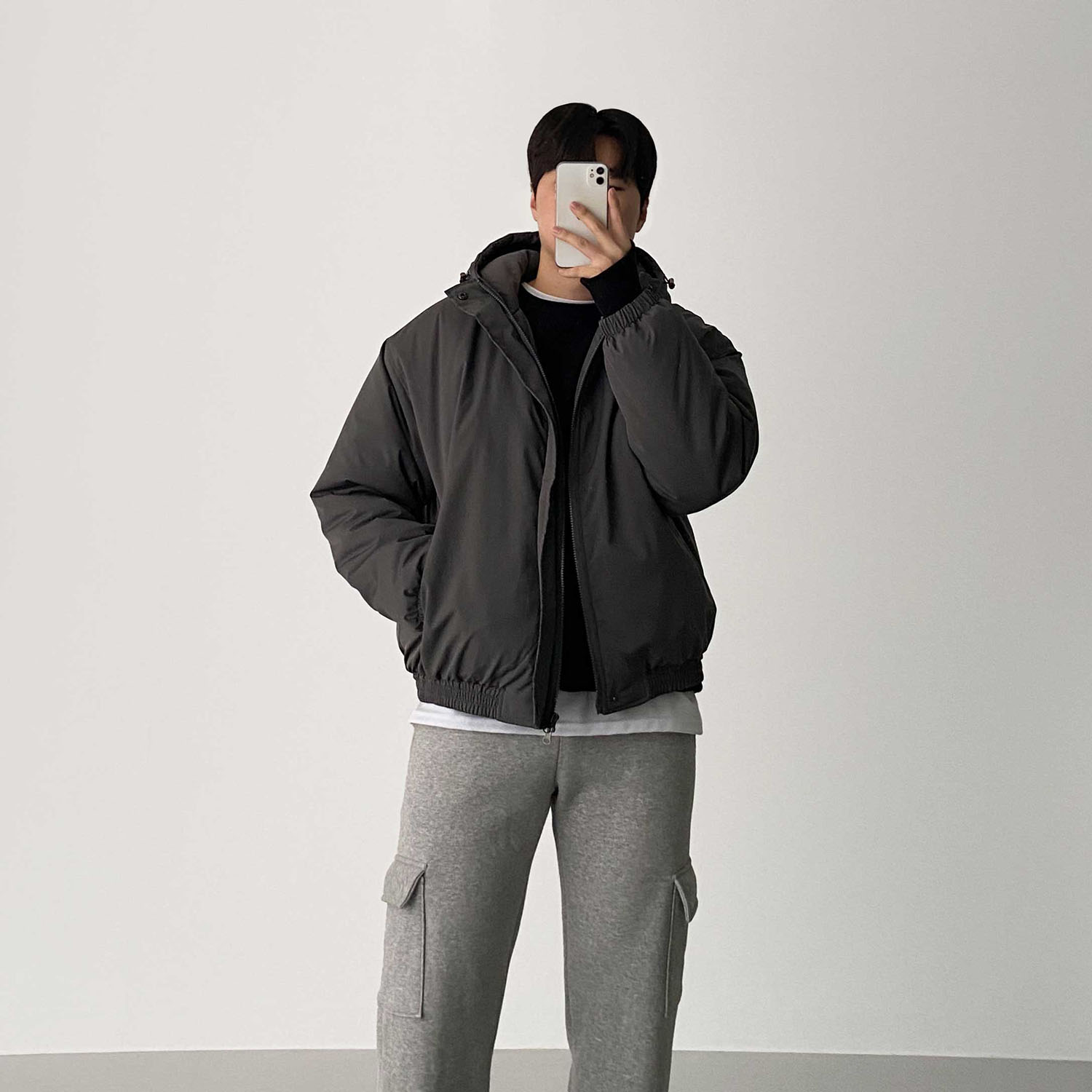 [SET]후드 푸퍼 숏 패딩+기모 카고 와이드 팬츠 이미지 2