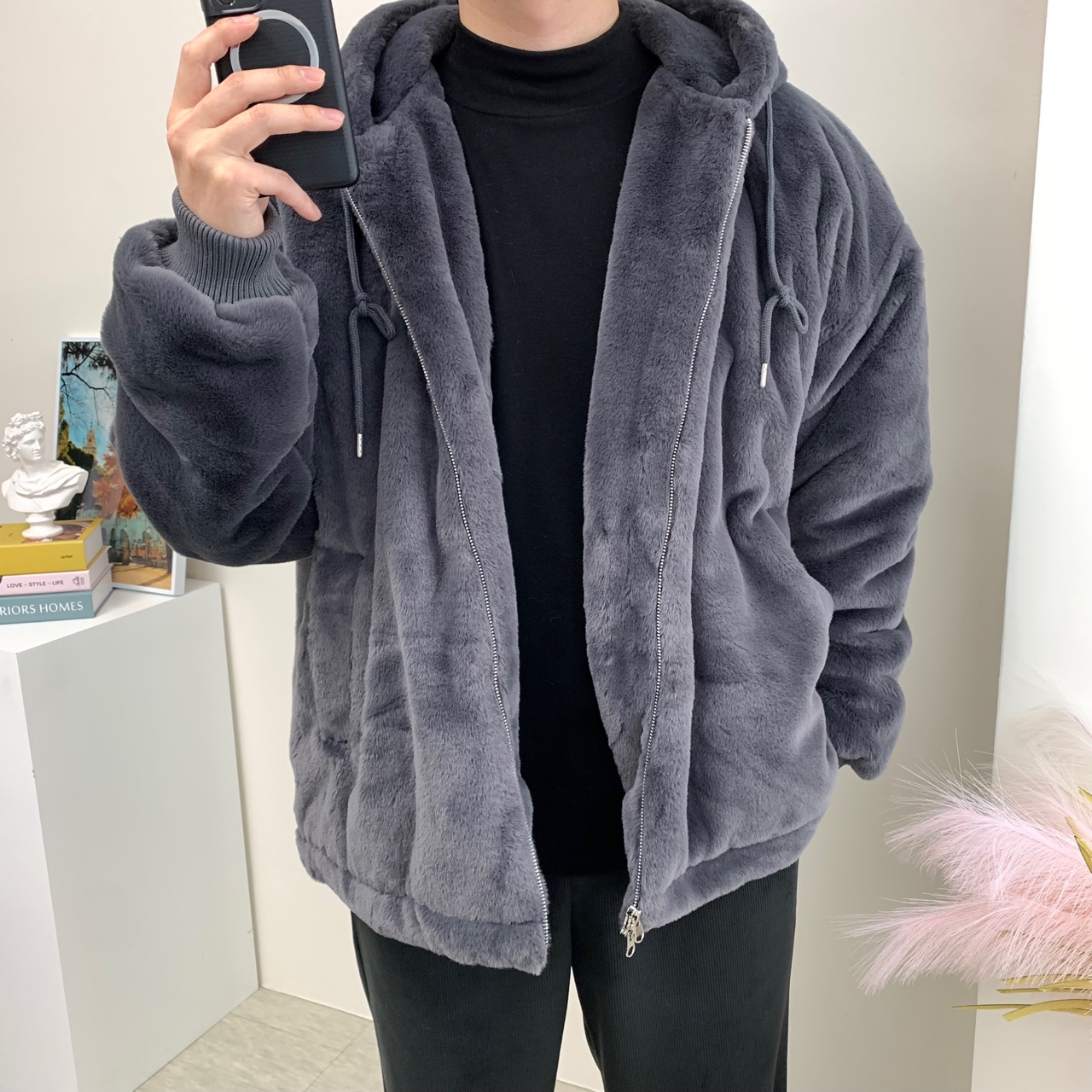 남자 밍크 털 후드집업 오버핏 후리스 퍼 잠바