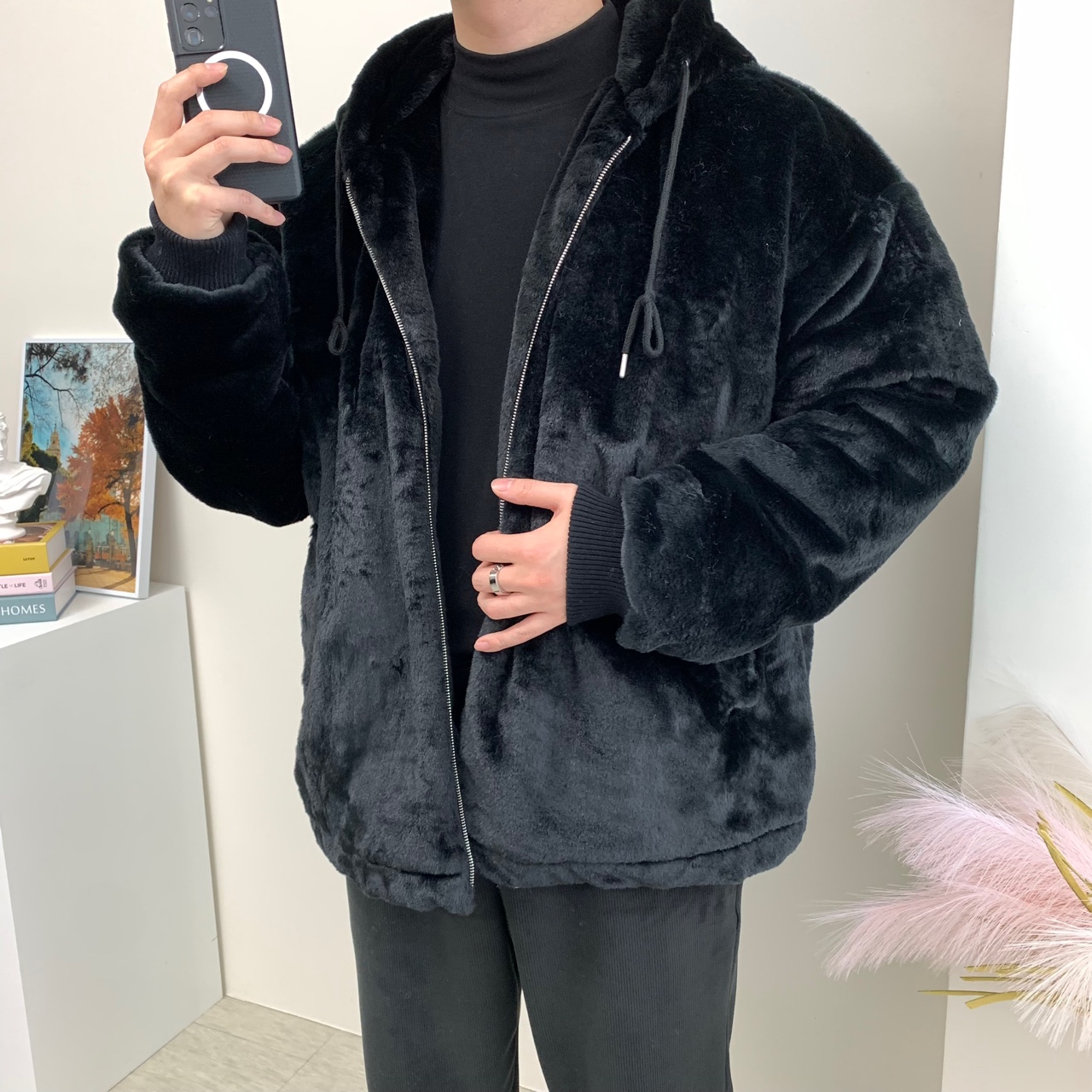 남자 밍크 털 후드집업 오버핏 후리스 퍼 잠바