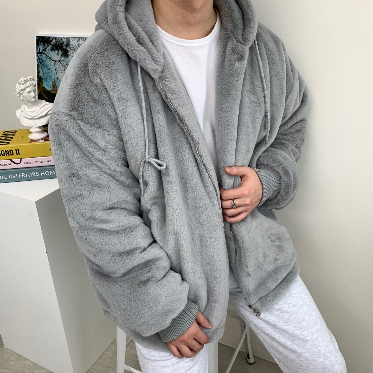 남자 밍크 털 후드집업 오버핏 후리스 퍼 잠바