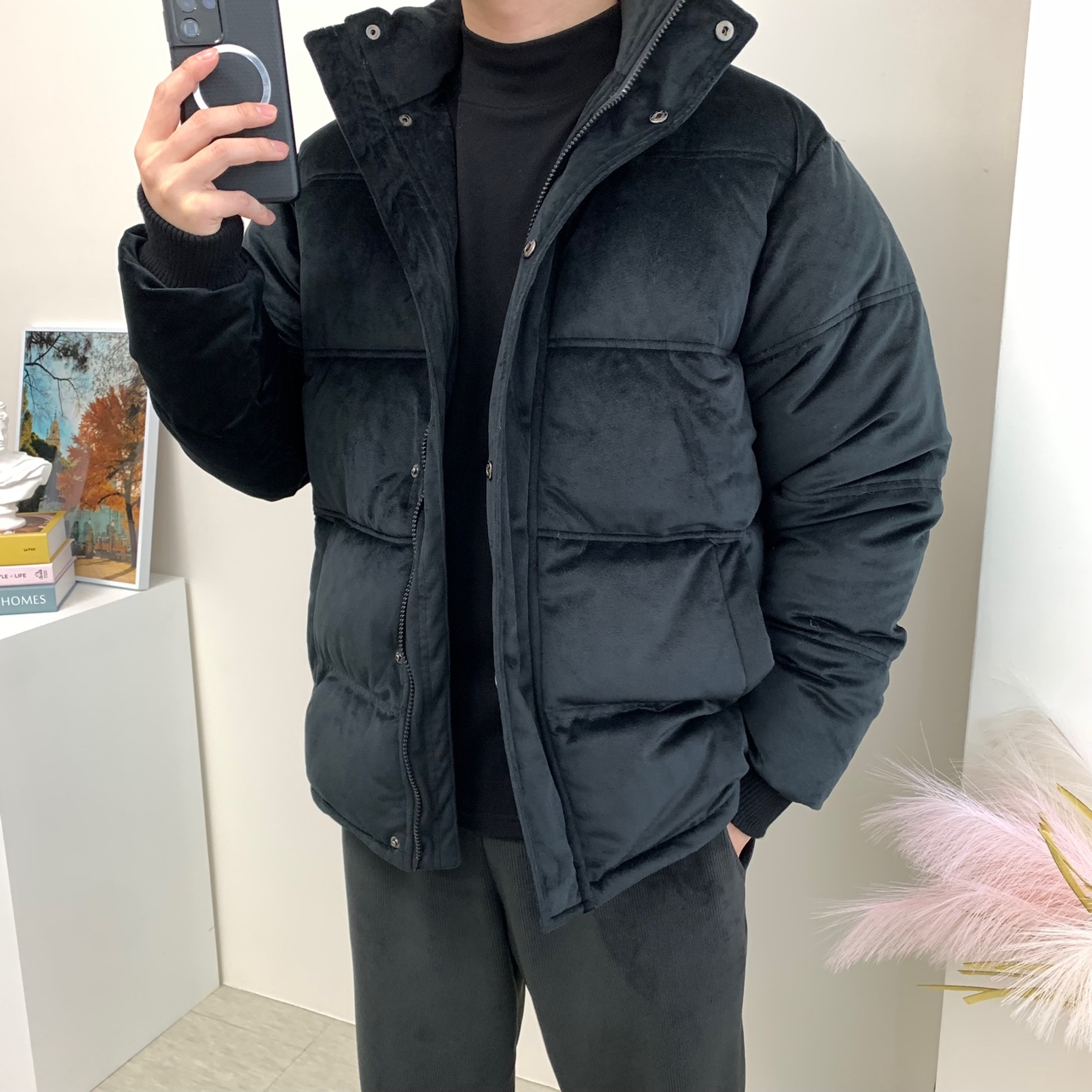 남자 벨벳 숏패딩 오버핏 웰론 안감 겨울 커플 점퍼 이미지 4