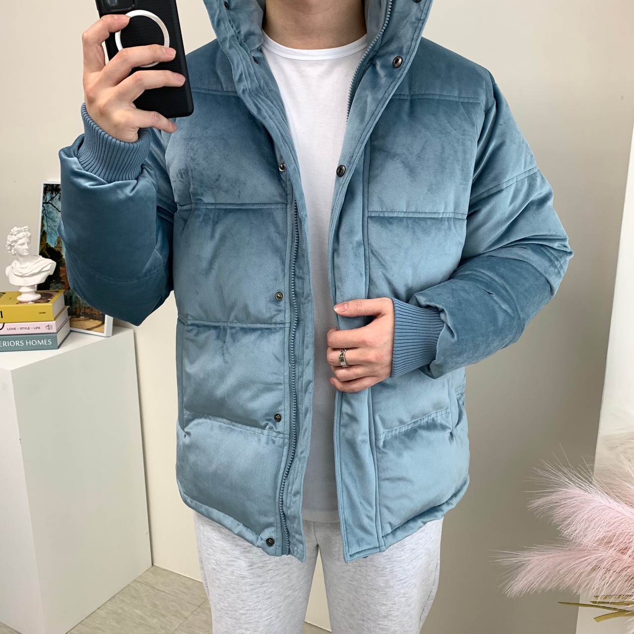 남자 벨벳 숏패딩 오버핏 웰론 안감 겨울 커플 점퍼 이미지 3