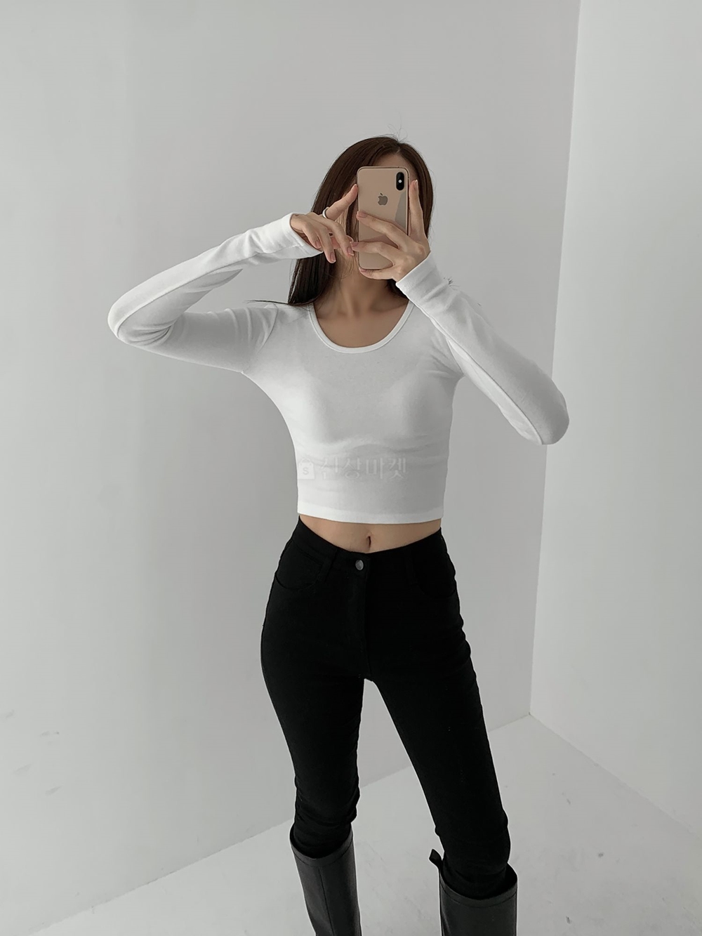 여성 기모 크롭 티셔츠 유넥 슬림 레이어드 겨울 이미지 2