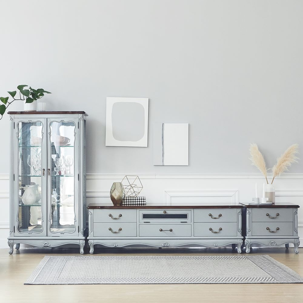 까사홈 샤인그레이 엔틱거실장세트 (유리장식장+거실장+협탁)