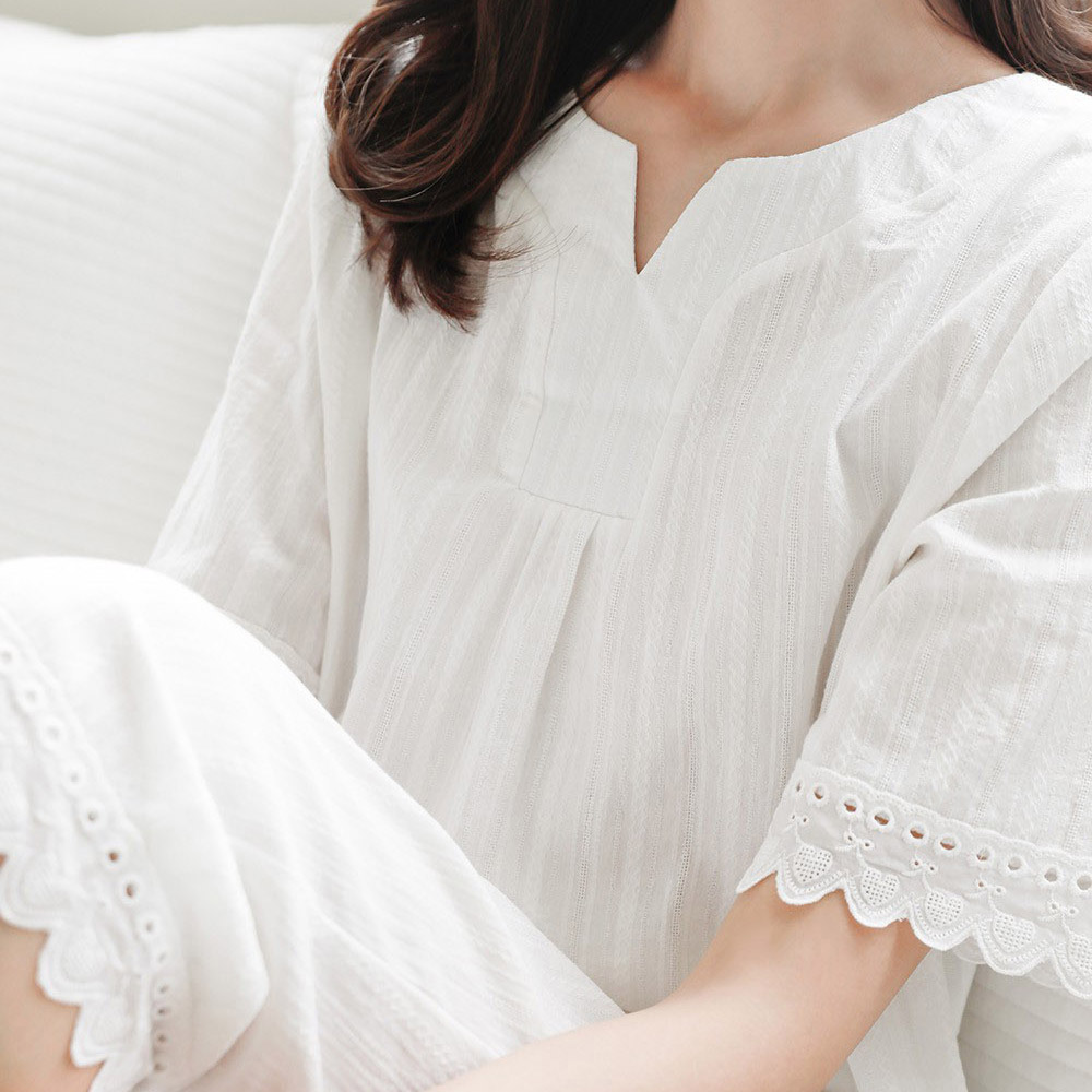 아리아 워싱 여성 순면 레이스 여름 홈웨어 실내복 원피스 면 잠옷 파자마 세트 라운지웨어 - 상세 이미지 3