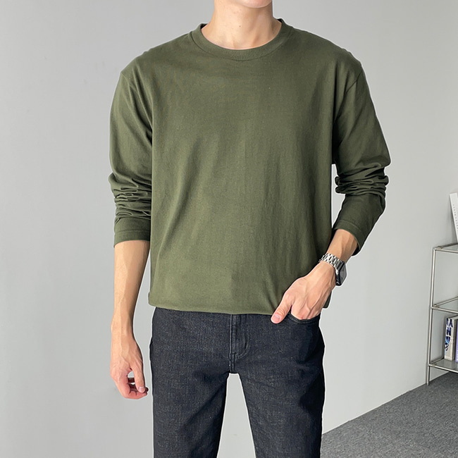 남자 퍼칼 봄 가을 레이어드겸용 무지 라운드 긴팔 티셔츠 8컬러 - 상세 이미지 3