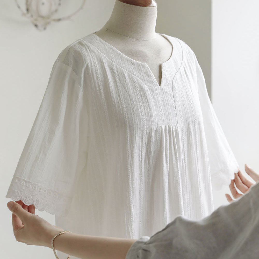 아리아 워싱 여성 순면 레이스 여름 홈웨어 실내복 원피스 면 잠옷 파자마 세트 라운지웨어 이미지 3