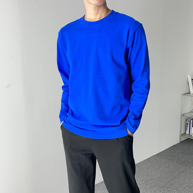 남자 퍼칼 봄 가을 레이어드겸용 무지 라운드 긴팔 티셔츠 8컬러 - 상세 이미지 4