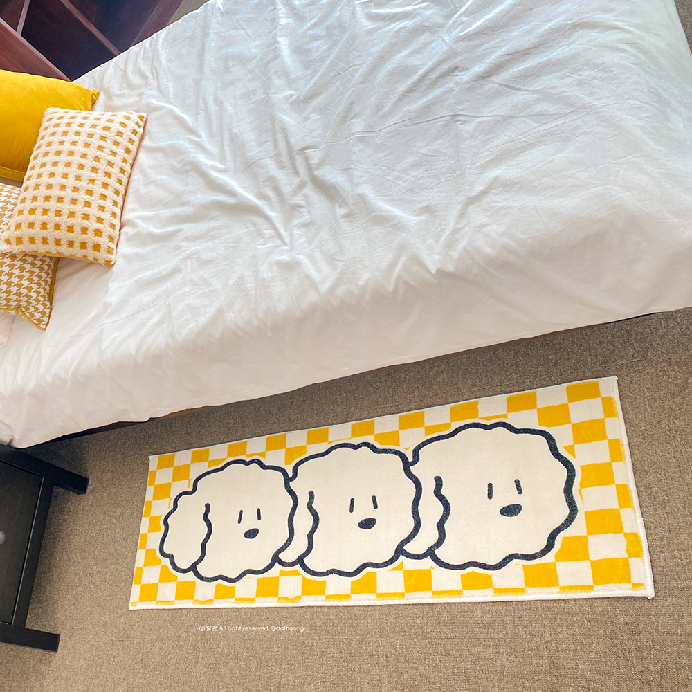 달떵 귀여운 옐로우 체커보드 강아지 비숑 미니 러그 120x40 침대 침실 주방 아기방