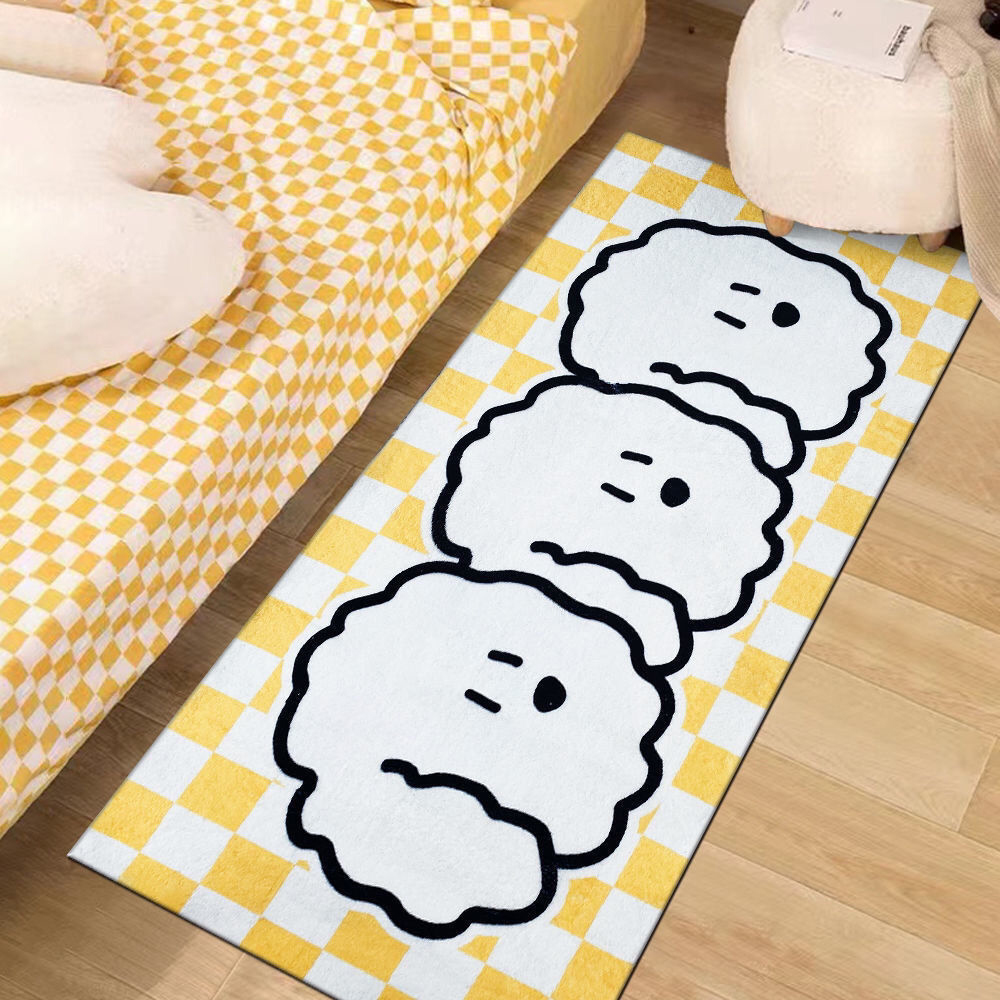 달떵 귀여운 옐로우 체커보드 강아지 비숑 미니 러그 120x40 침대 침실 주방 아기방
