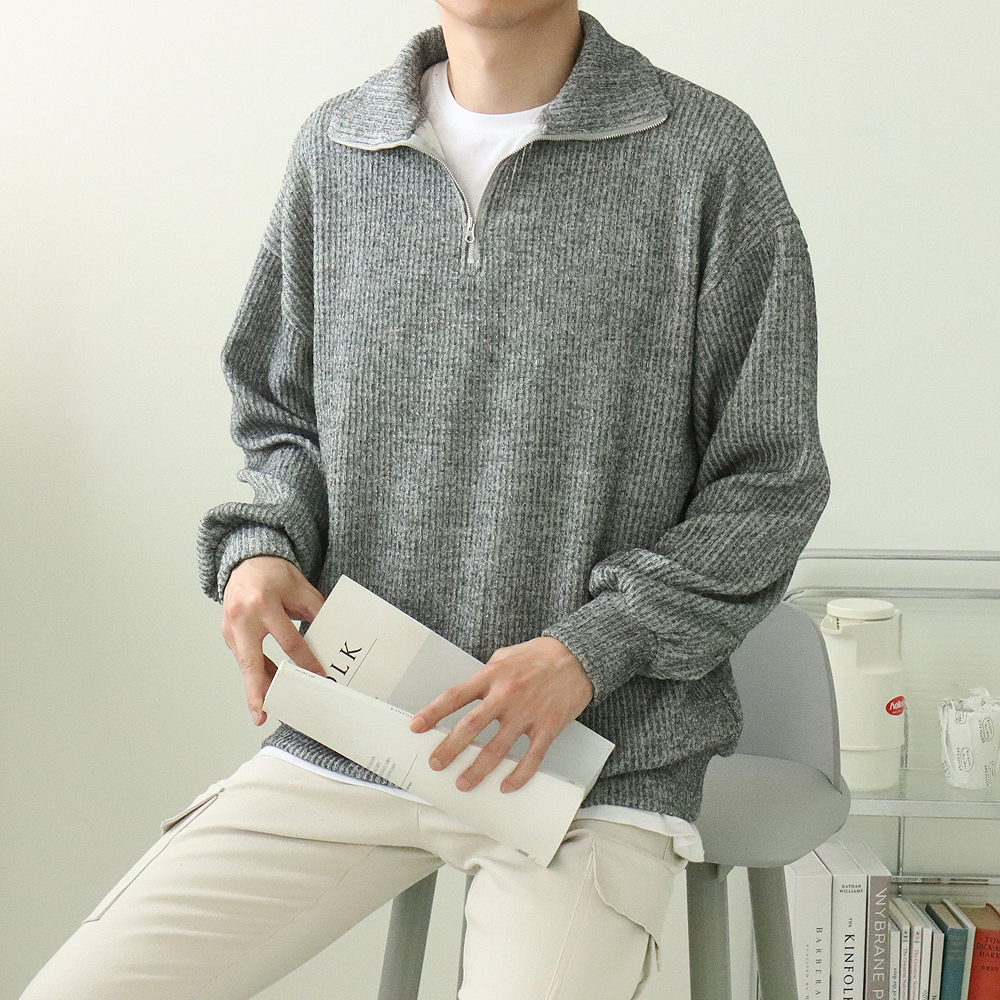 남자 구김없는 골지 아노락 반집업 니트 이미지 2