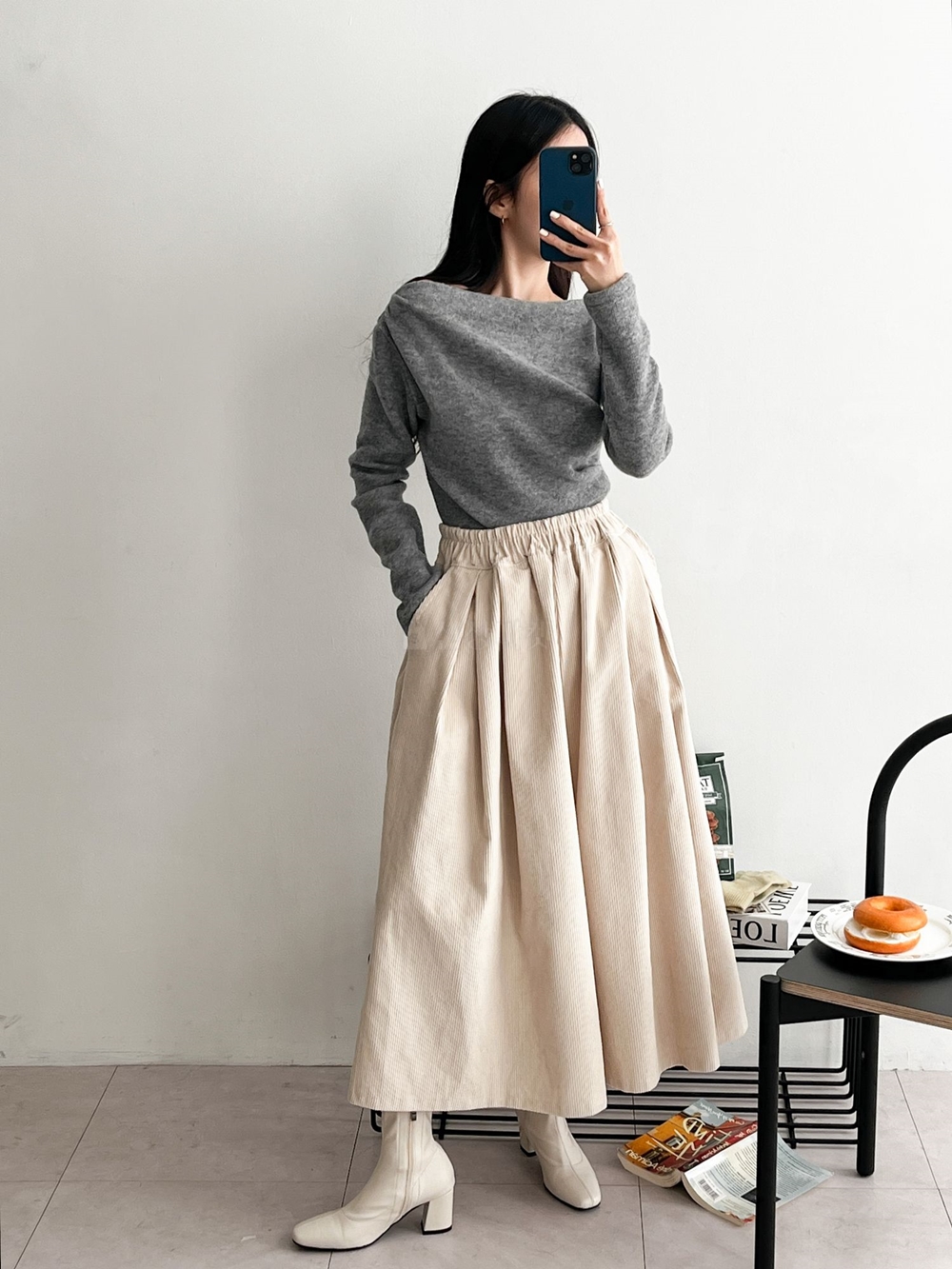 골덴 코듀로이 밴딩 9부 A라인 와이드 치마 큐롯 팬츠 이미지 2