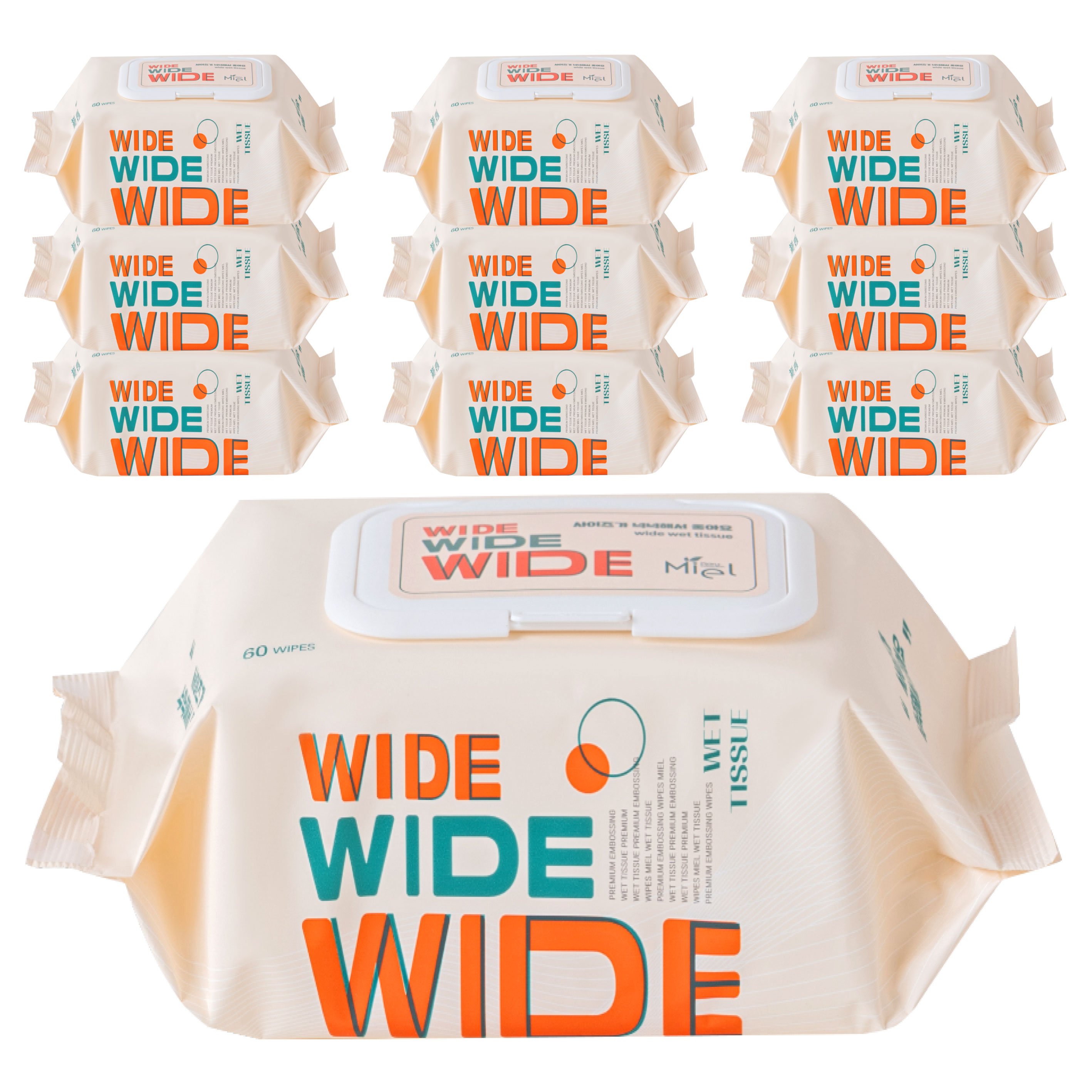 미엘 와이드 빅사이즈 엠보싱 대형 간병용 요양병원용 병원용 물티슈 60매 총10팩