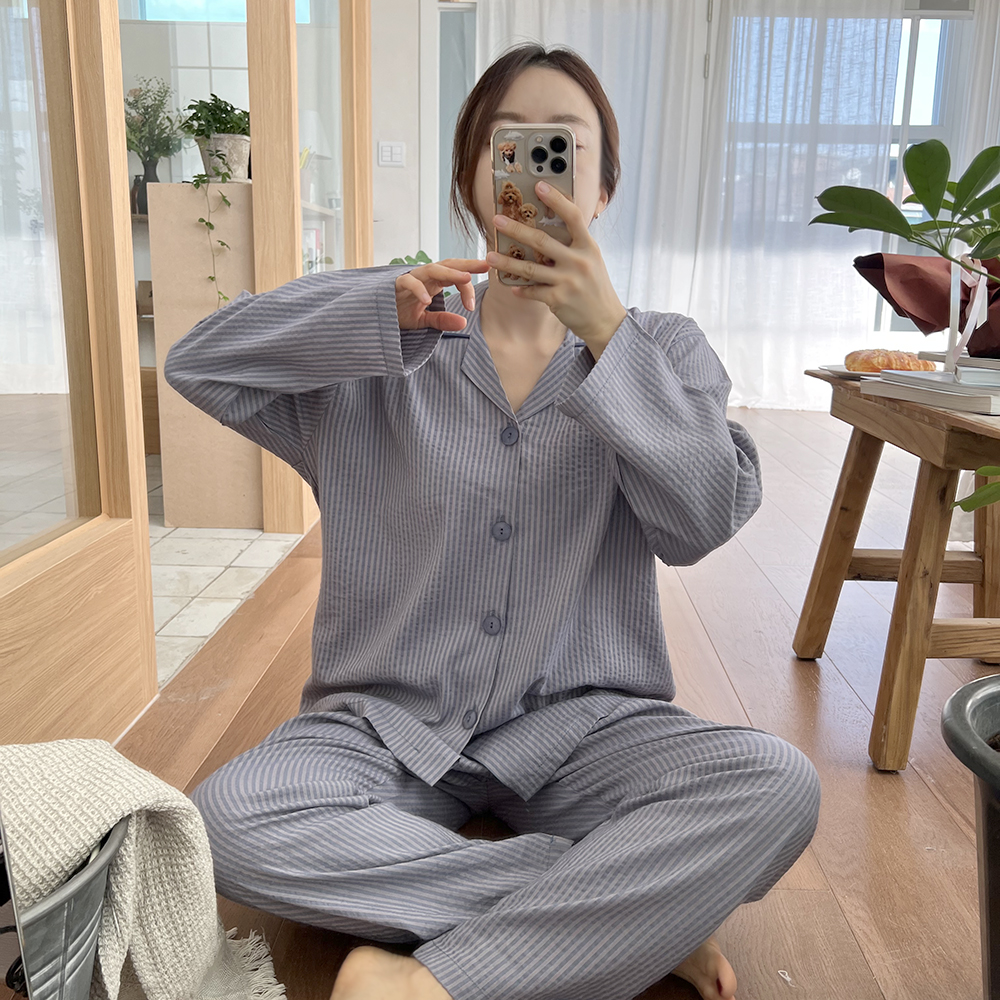 국산 부드러운 촉감 긴팔 반팔 커플잠옷 잭 줄무늬 빅사이즈 2XL 파자마 상세 이미지 13