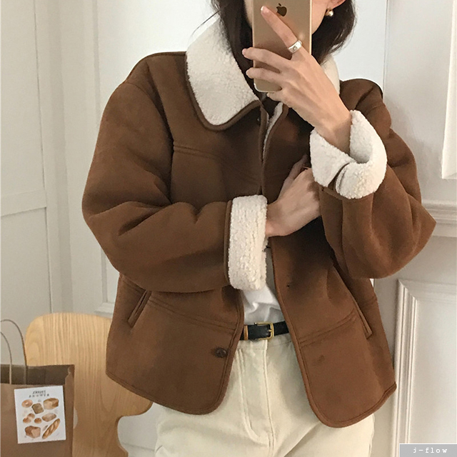 로뎀 양털 카라 크롭 무스탕 자켓 1col 겨울 봄 스웨이드 싱글 덤블 뽀글이 제이플로우 - 상품 이미지