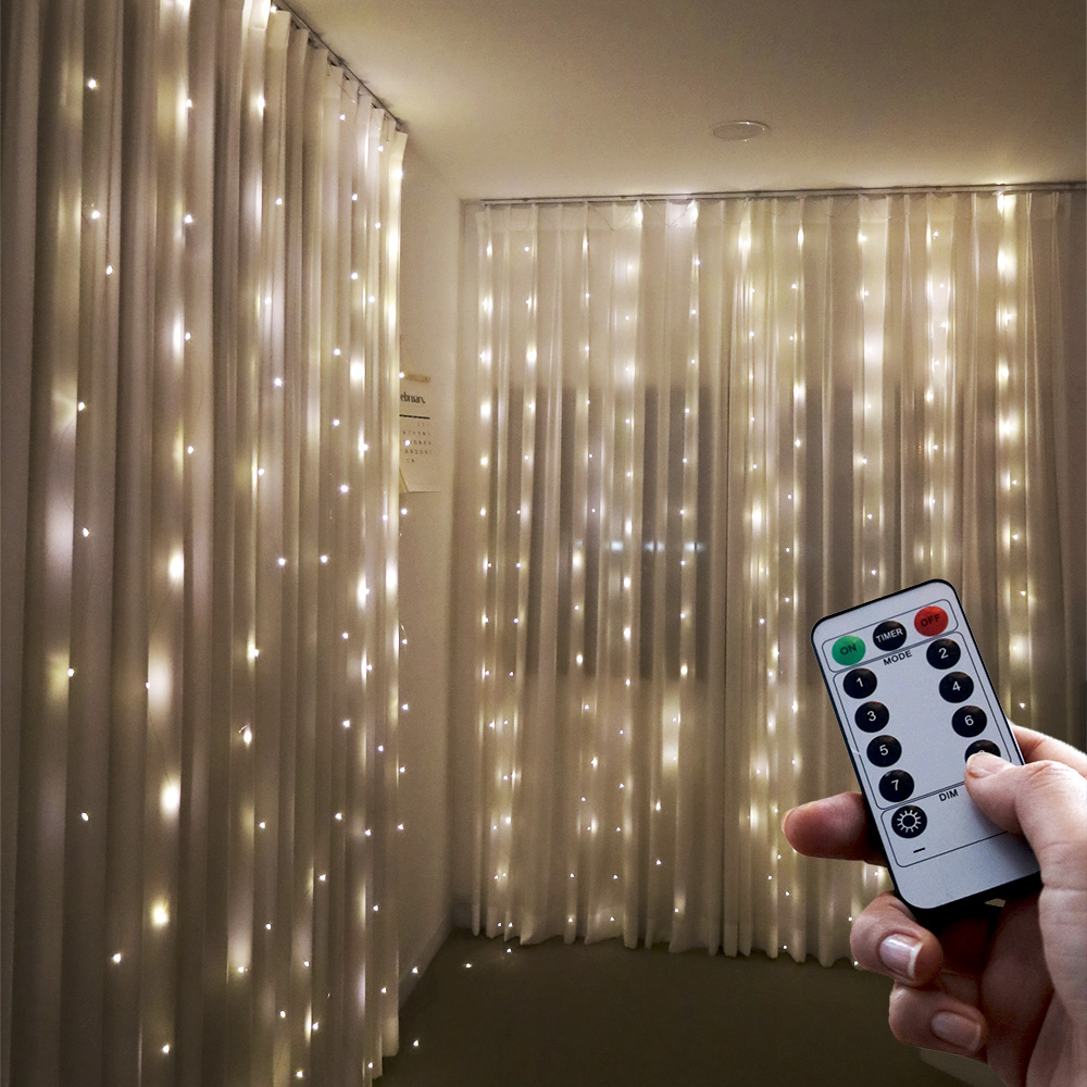 led 와이어 커튼 전구 줄 조명 usb전원 리모컨 점멸 300구 웜화이트 3m x 3m - 상품 이미지