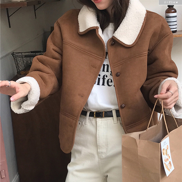로뎀 양털 카라 크롭 무스탕 자켓 1col 겨울 봄 스웨이드 싱글 덤블 뽀글이 제이플로우 - 상세 이미지 2