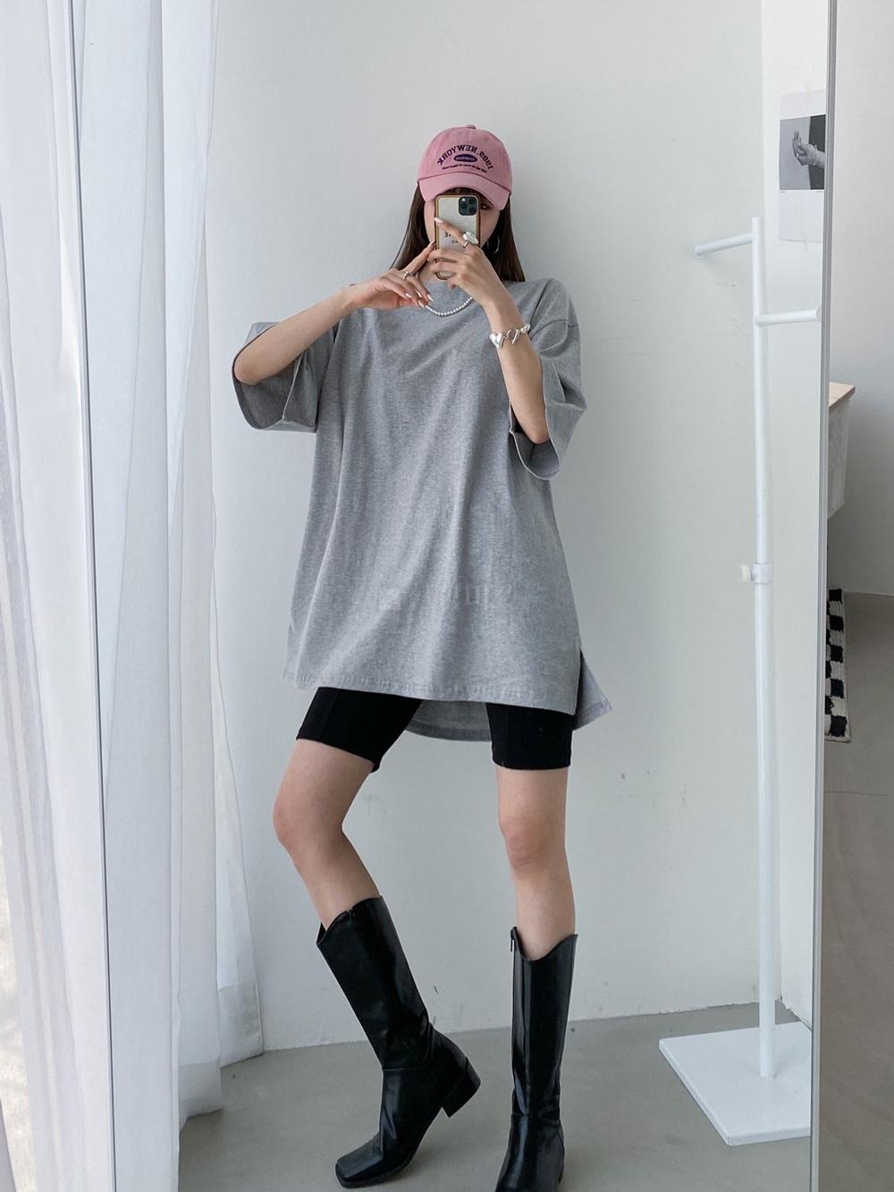 여성 기본 무지 면 빅사이즈 이너 레이어드 트임 레깅스 반팔 롱 티셔츠 이미지 2