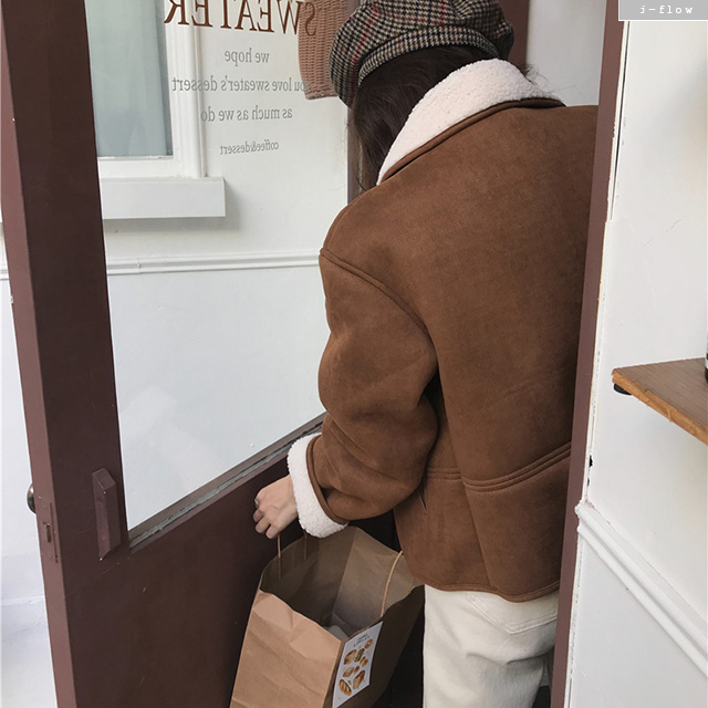 로뎀 양털 카라 크롭 무스탕 자켓 1col 겨울 봄 스웨이드 싱글 덤블 뽀글이 제이플로우 - 상세 이미지 3