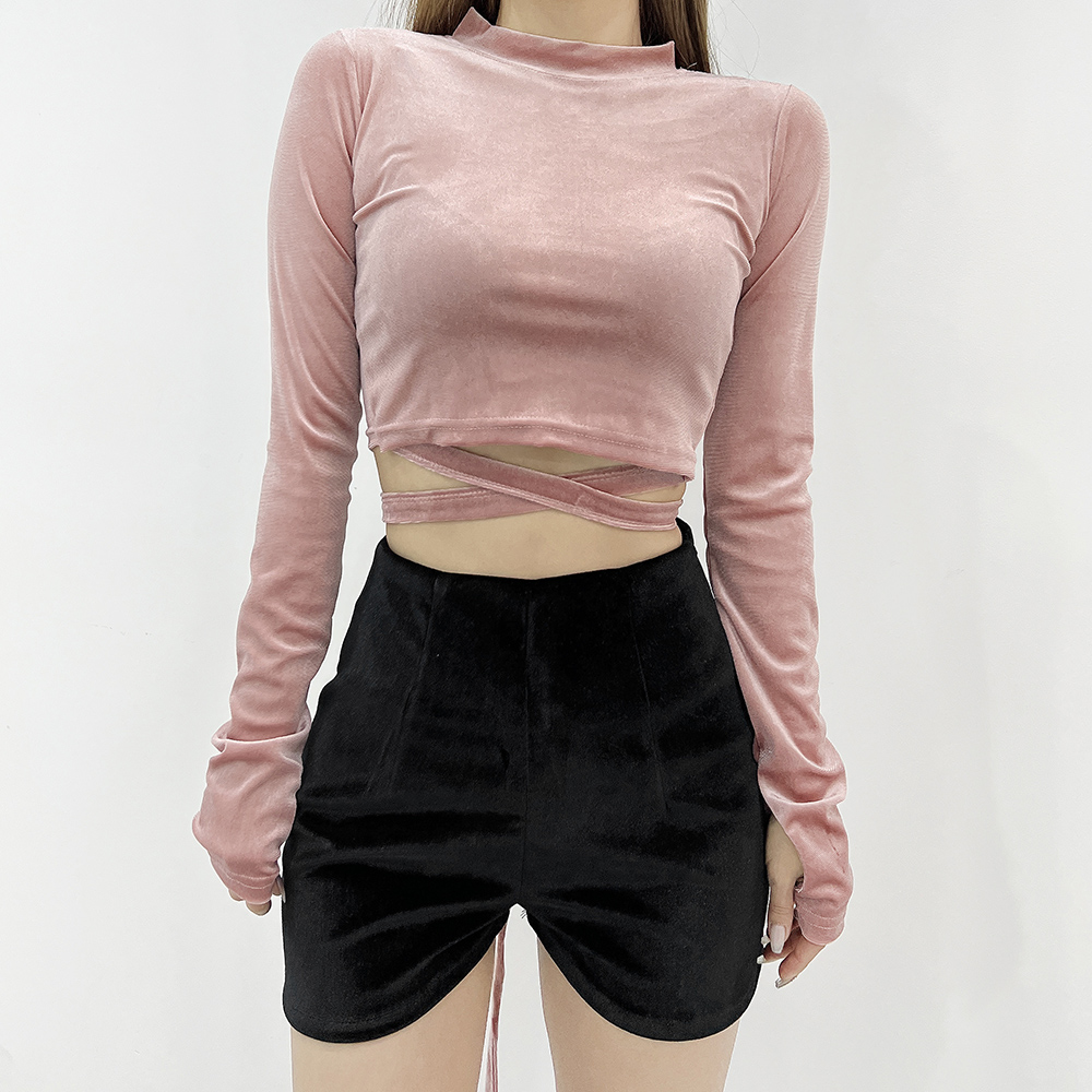 벨벳 워머 엑스 리본끈 공연 무대 의상 크롭티셔츠 4color 이미지 2