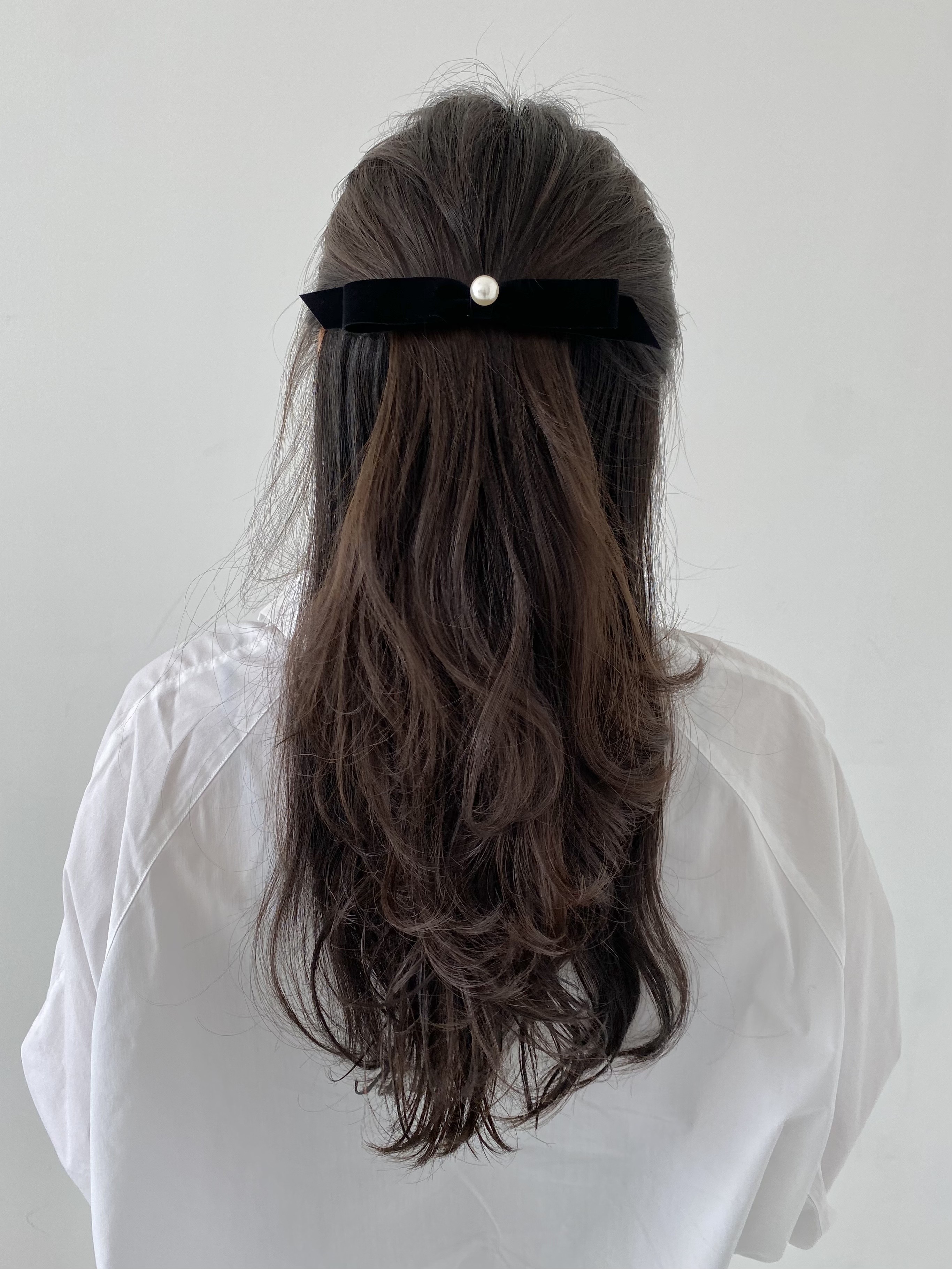 핸드메이드 일자 벨벳 진주 빅 리본 자동핀 10cm - 상세 이미지 3