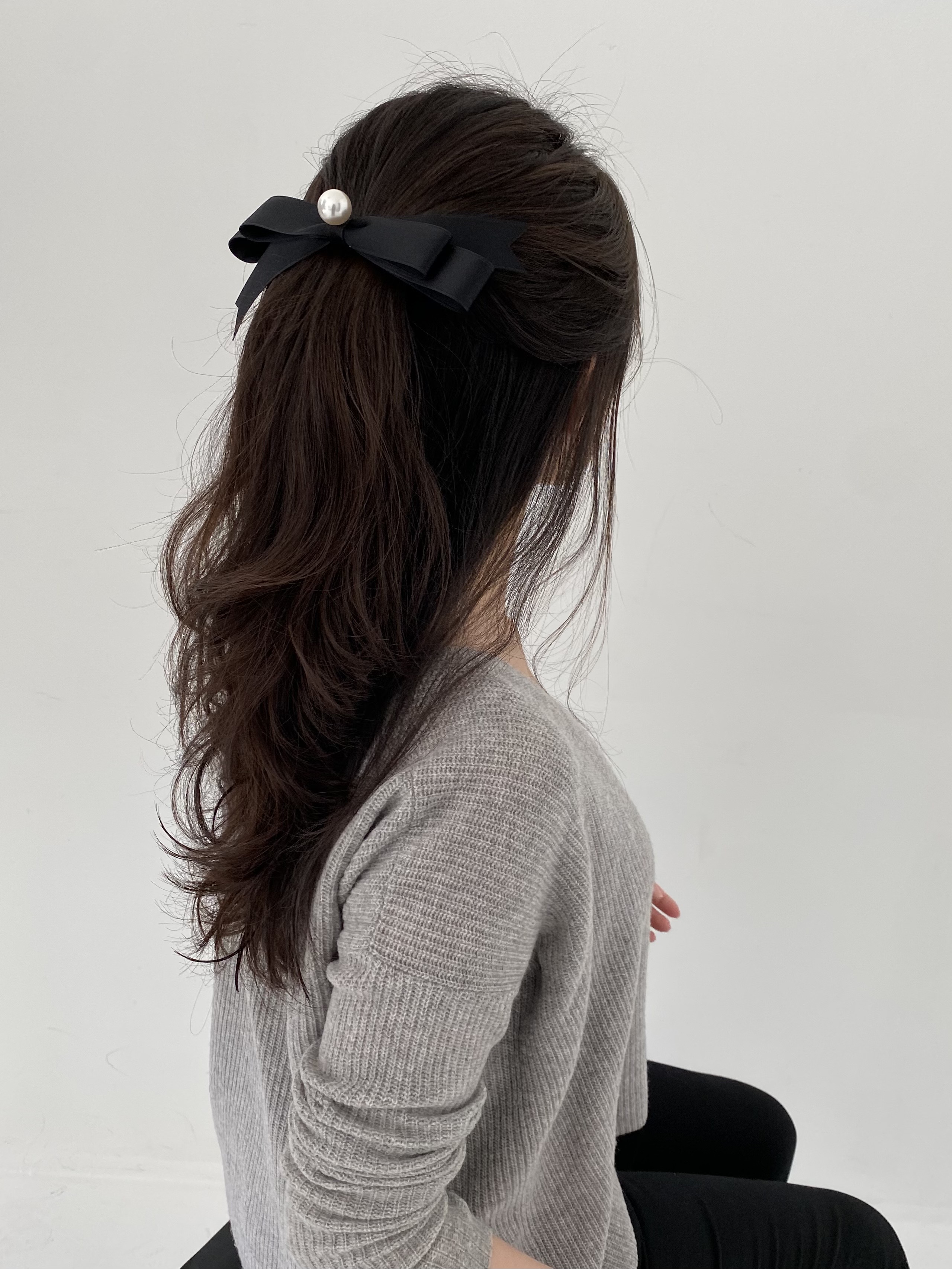 핸드메이드 19cm 사선 새틴 진주 빅 리본자동핀 헤어클립 - 상세 이미지 3