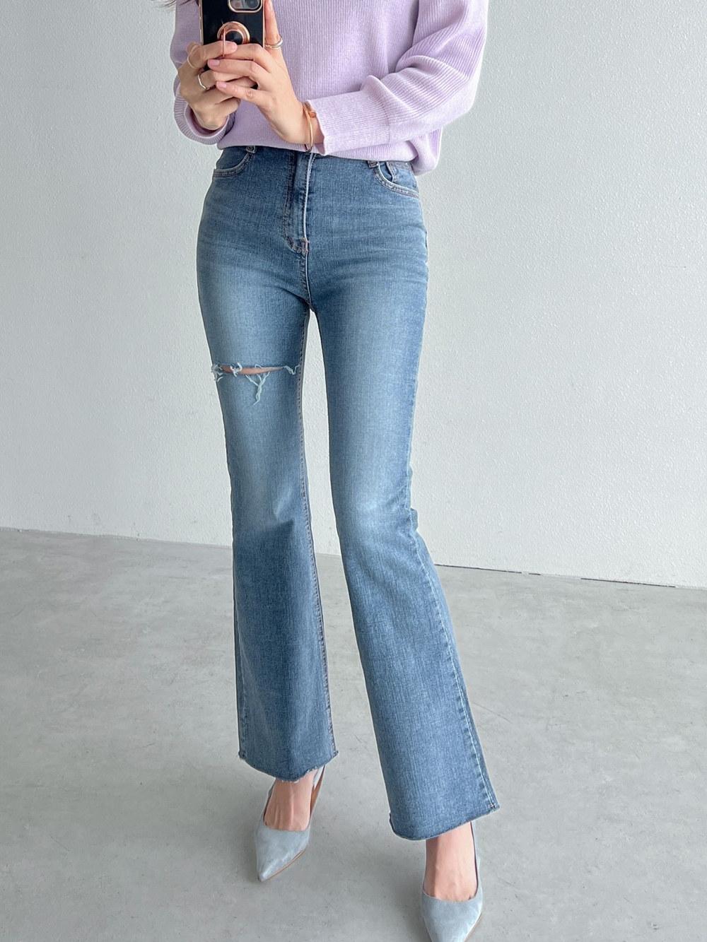 중청 찢어진 컷팅 슬림 부츠컷 데님 청바지 팬츠 이미지 3