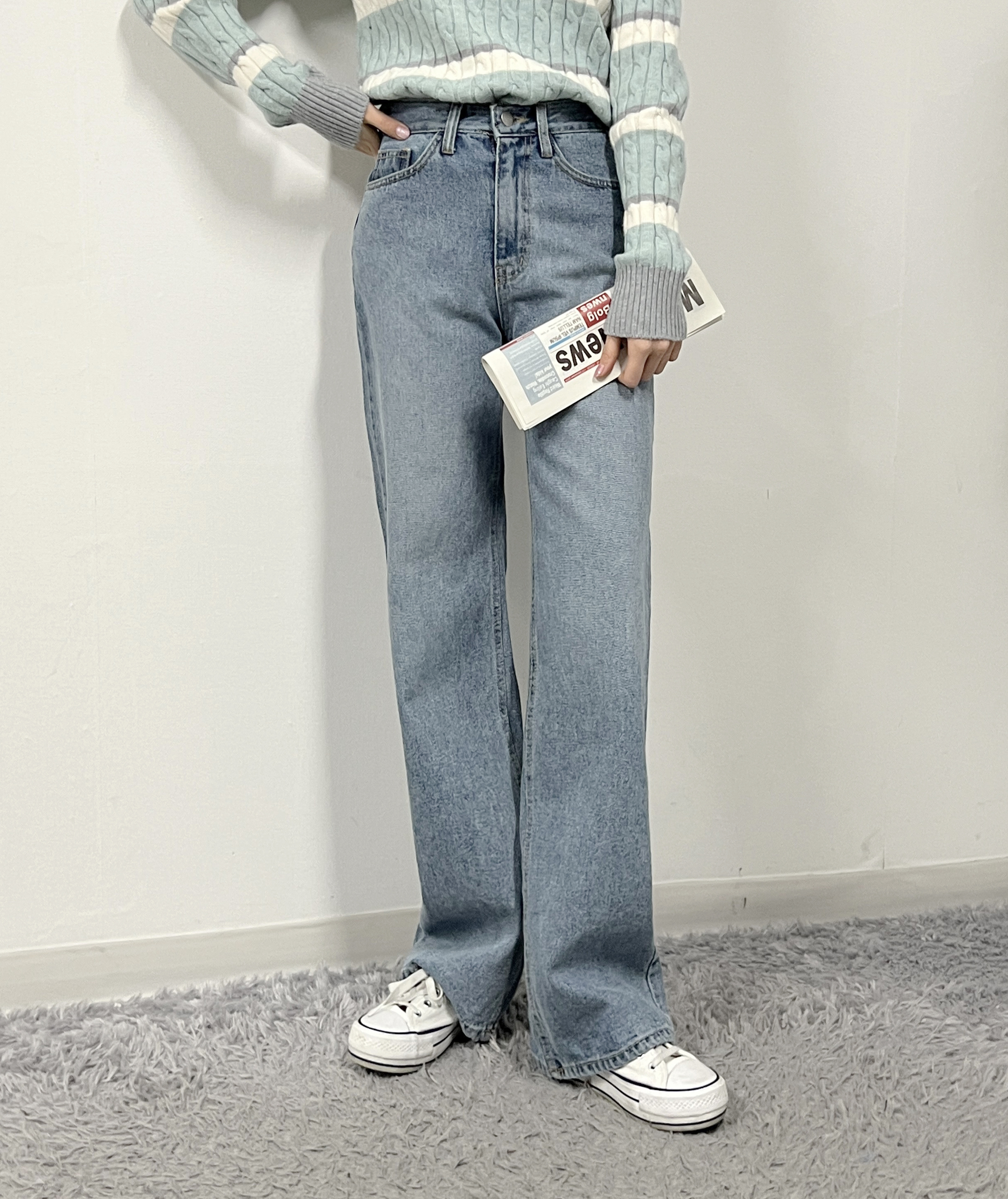 유니즌 체형커버 탄탄핏 일자 통 와이드 연청 데님 팬츠 이미지 2