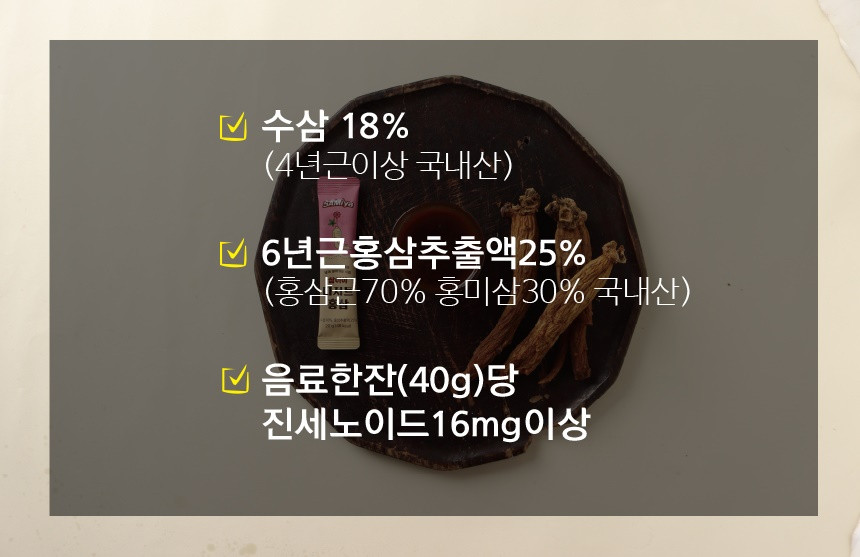 수삼 18% (4년근 이상 국내산), 6년근 홍삼 추출액 25% (홍삼근 70%, 홍미삼 30%, 국내산), 음료 한 잔(40g)당 진세노이드 16mg 이상.