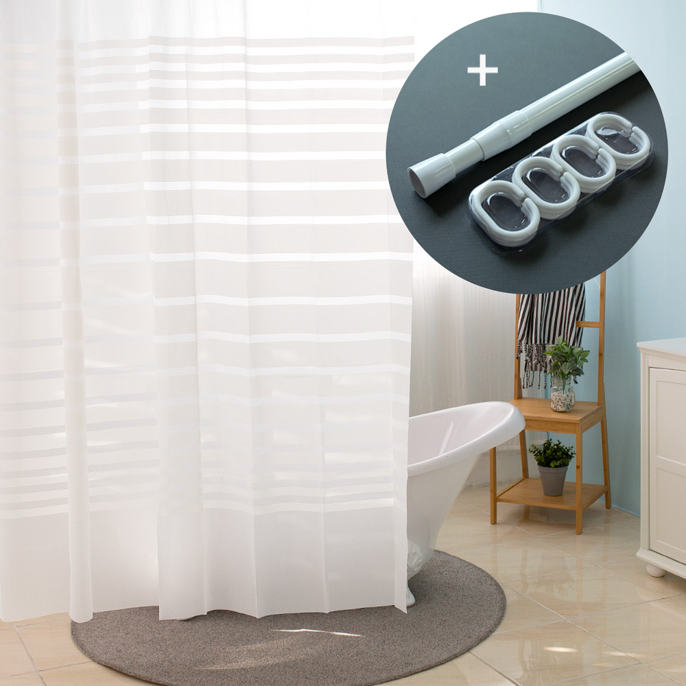 [커튼+봉+고리] 모던 스트라이프 샤워커튼 올인원 세트