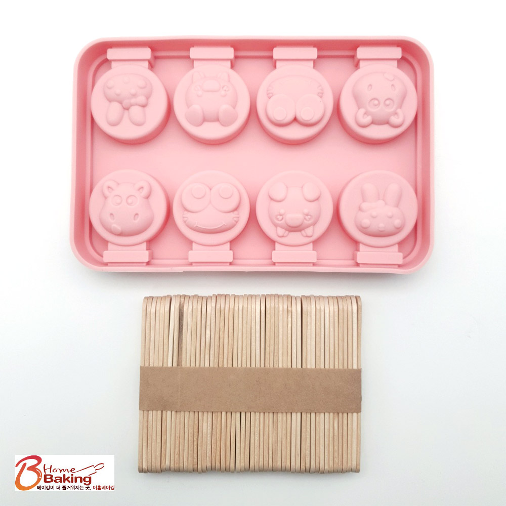 실리콘스틱몰드동물얼굴8구 나무스틱포함 롤리팝 초콜릿 아이스크림틀 젤리 캔디 diy - 상품 이미지