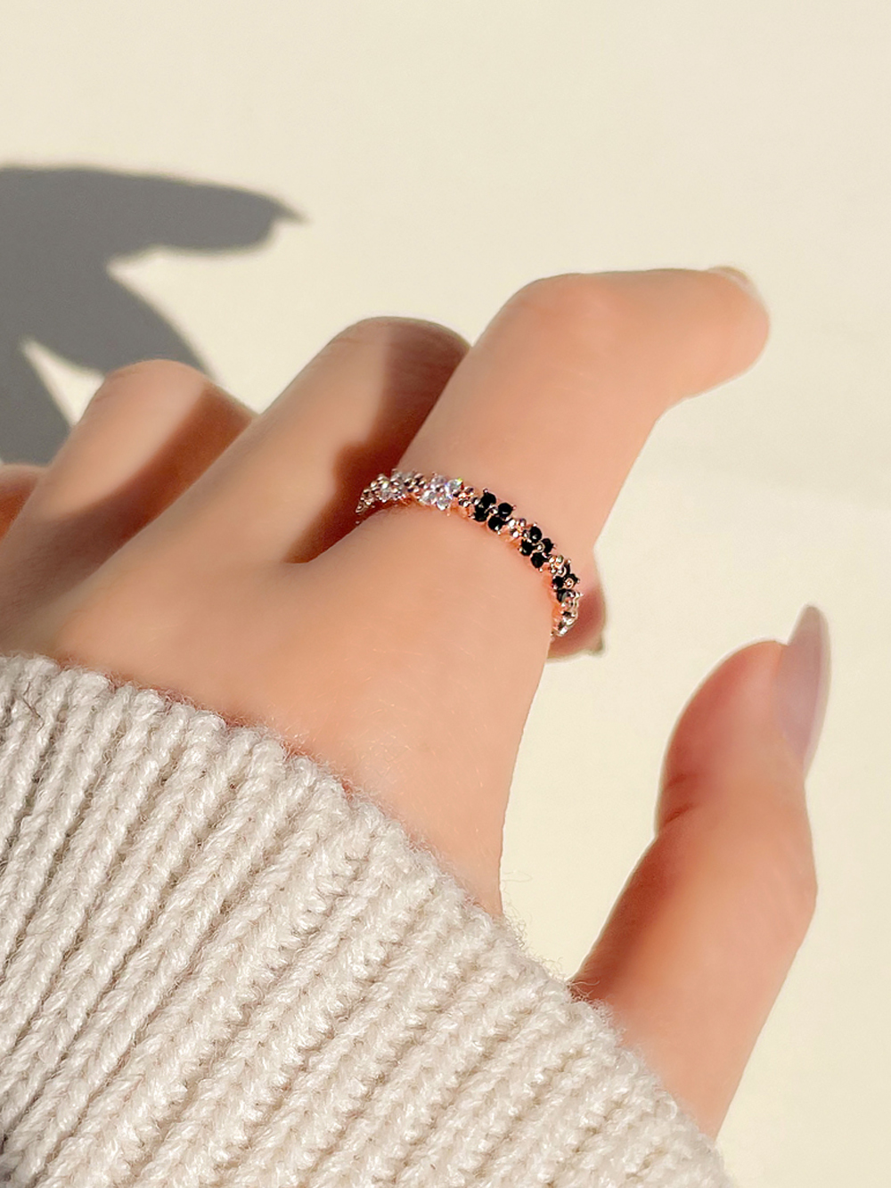 [무배/실버925] 14k 로즈골드 투웨이 화이트 블랙 큐빅 플라워 은반지