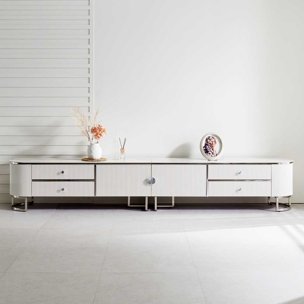 [방문설치] 이레나 세라믹 스테인레스 2단 거실장 TV다이 TV장 2800x400x480mm, 화이트