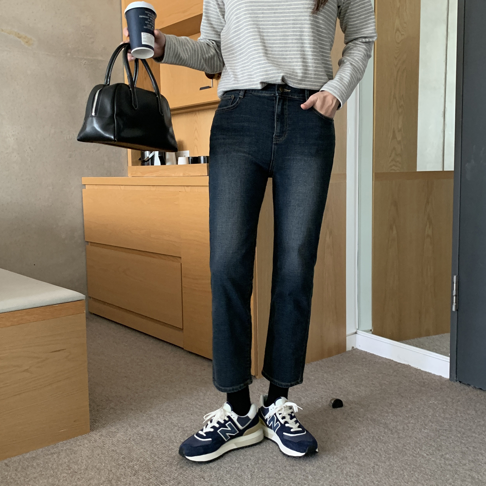 겨울 하이웨스트 흑청 데님 밴딩진 여자기모청바지 일자 흑청바지 키작녀 블랙진 진청바지 - 상세 이미지 5