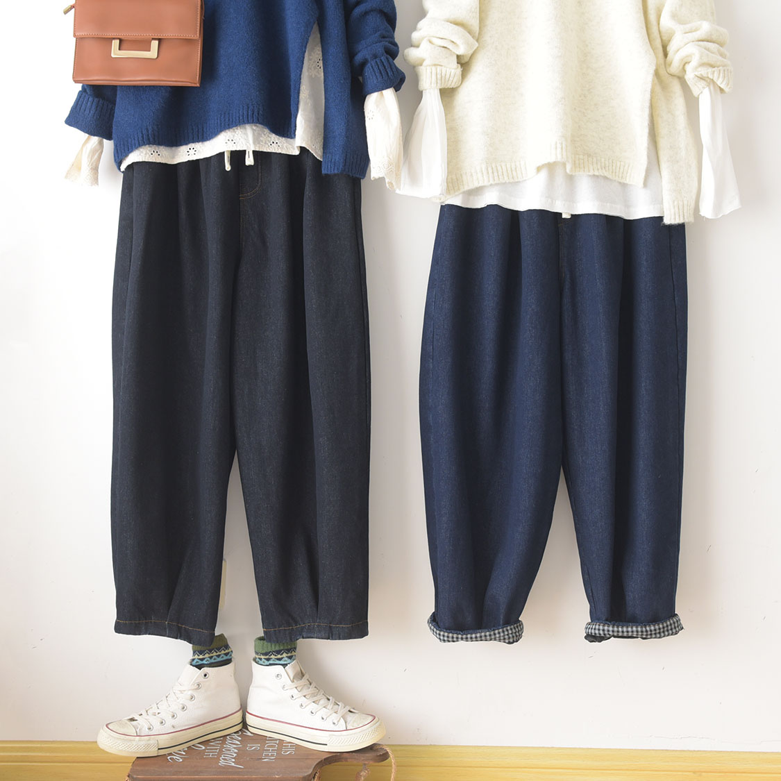 하마마스 기모 밴딩 와이드 배기핏 데님팬츠 미시옷 여성의류 - 상세 이미지 5