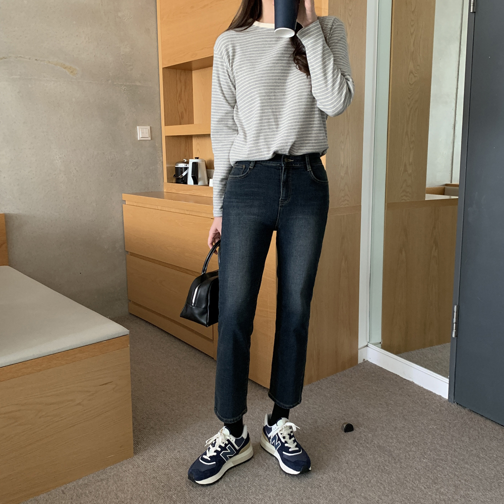 겨울 하이웨스트 흑청 데님 밴딩진 여자기모청바지 일자 흑청바지 키작녀 블랙진 진청바지 - 상세 이미지 4
