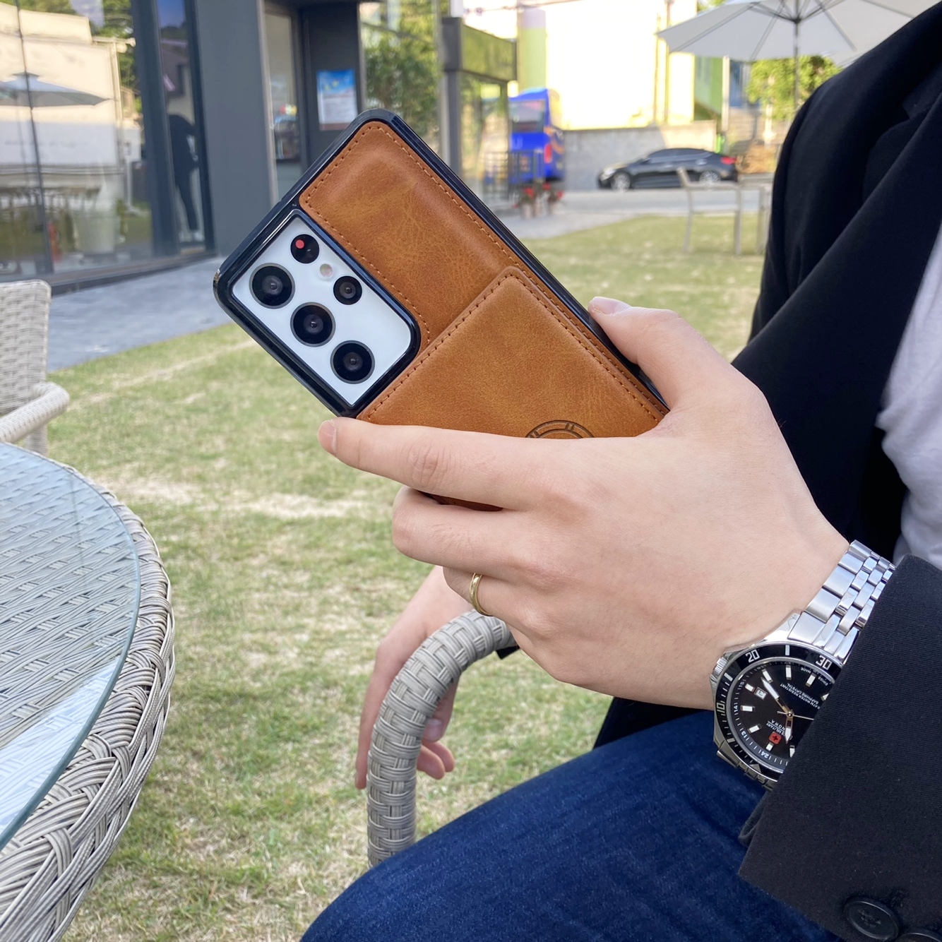 카드 케이스 지갑 가죽 범퍼 다크브라운, 갤럭시S22플러스 - 상세 이미지 4