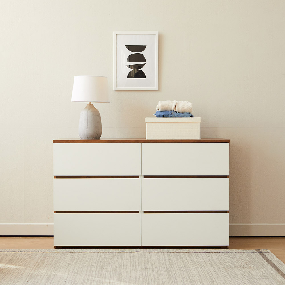 올굿퍼니처 데이브 와이드 슬림 좁은 서랍장 1200x500x743mm, 3단, 6칸_멀바우화이트 - 메인 이미지