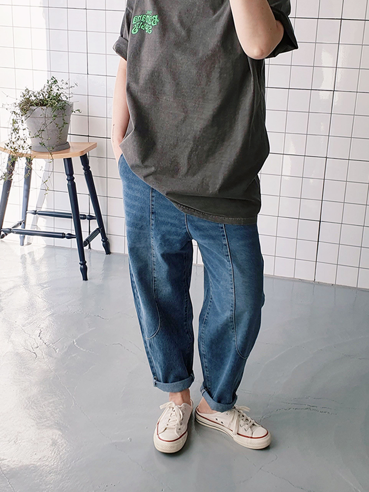 라운딩 절개 고무밴딩 청 바지