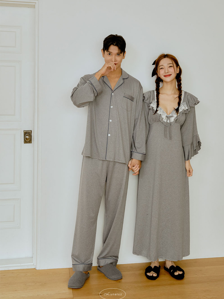 커플 카치온 긴팔 스판 카라 슬리브리스 민소매 브라캡 내장 맥시 롱 잠옷 홈웨어 SET 이미지 4