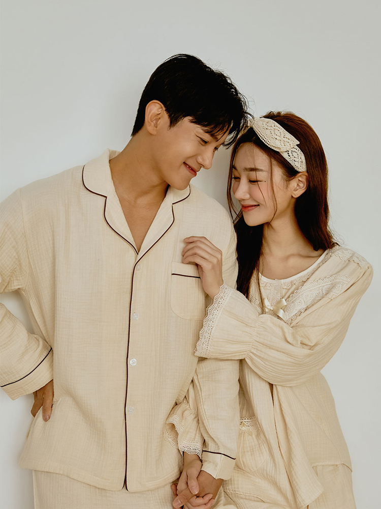 커플 롬브로 3중 거즈면 카라 라운드 투웨이 원피스 파자마 세트 이미지 4